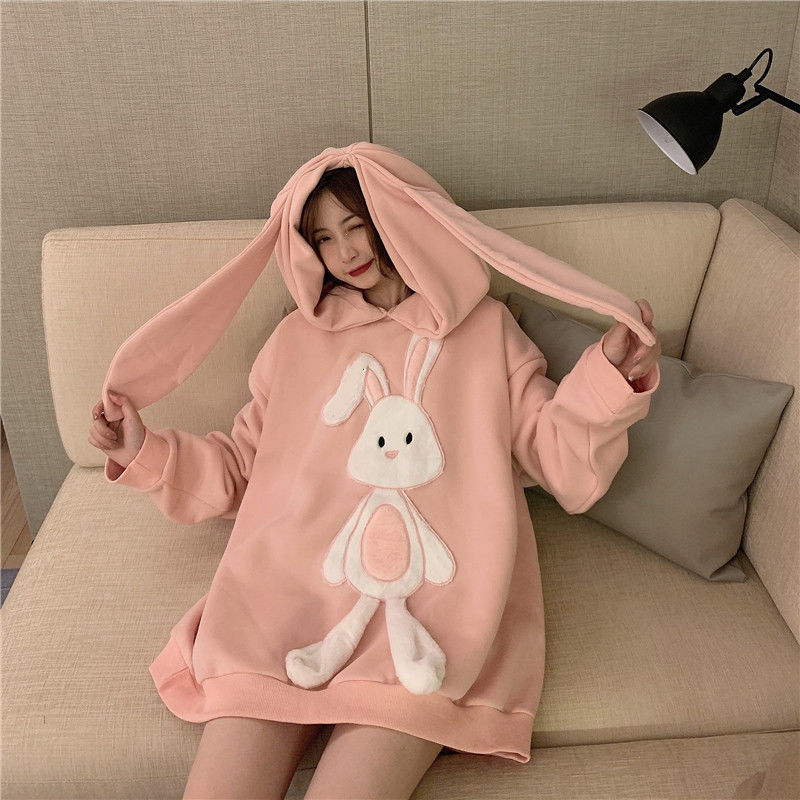 Women Girl Loose Cute Hoodies Pullover Sweatshirt Jumper Rabbit Bunny Ear  Kawaii