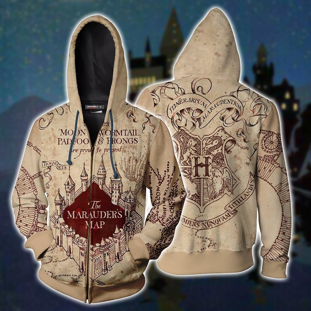 Harry Potter Hoodies The Marauder's Map Adult Unisex Printed Zip Up Jacket Sweatshirt