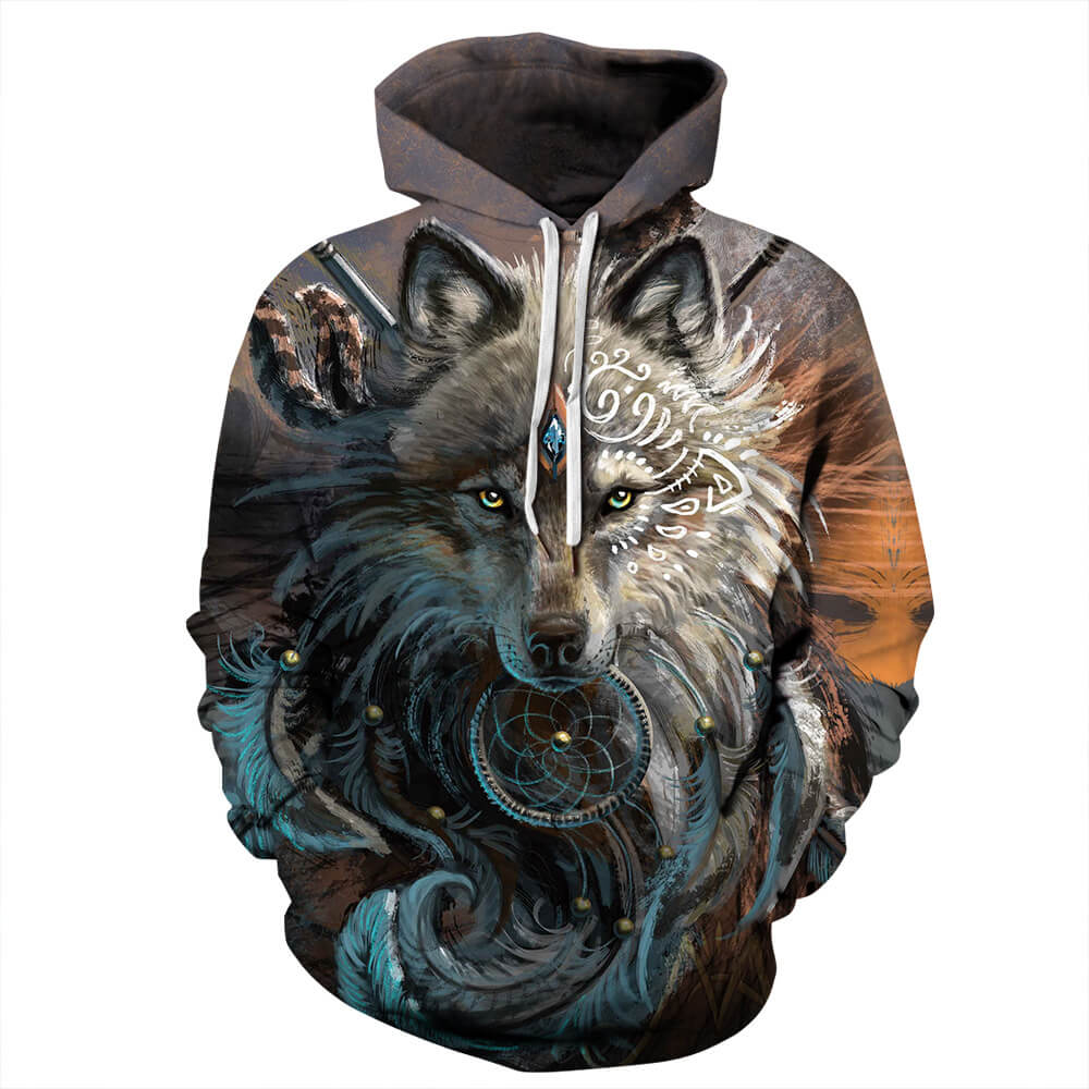 Wolf Oil Painting Style Animal Unisex Adult Cosplay 3D Printed Hoodie Pullover Sweatshirt