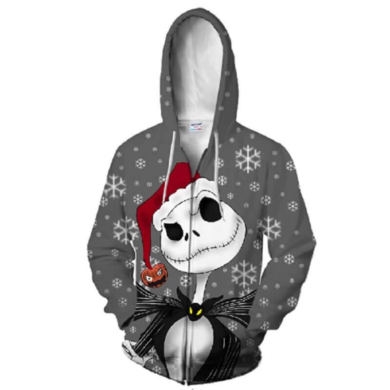 The Nightmare Before Christmas Cartoon Jack Skellington With Christmas Hat Unisex Adult Cosplay Zip Up 3D Print Hoodies Jacket Sweatshirt