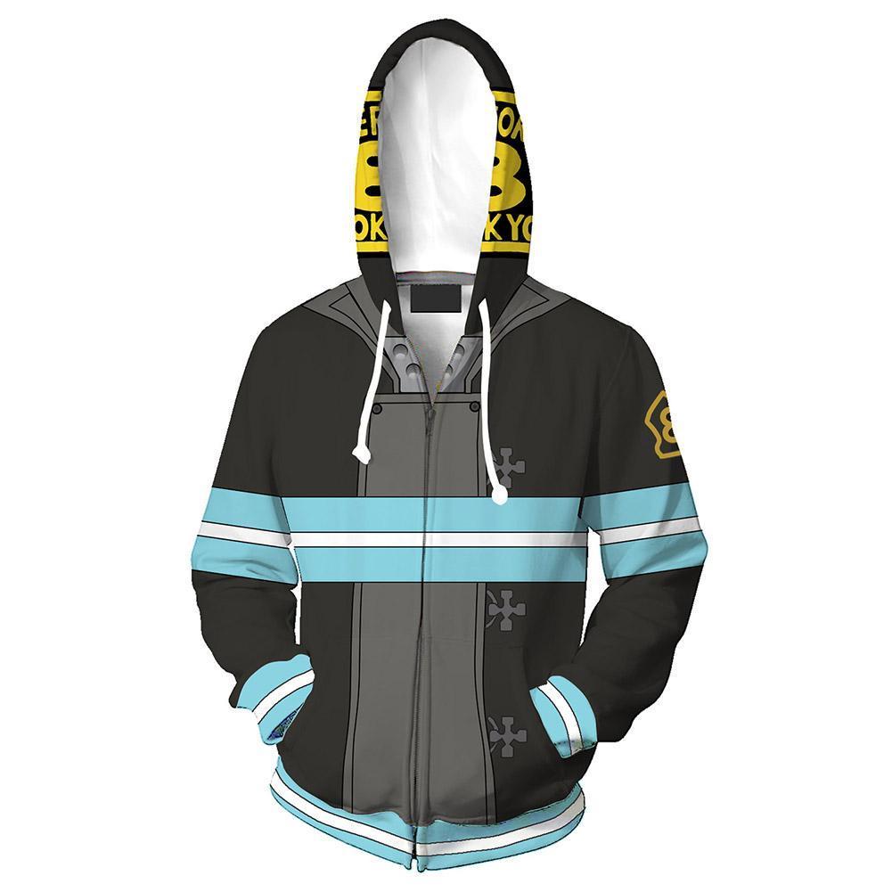 Unisex Shinra Kusakabe Firefighter Uniform Hoodies Fire Force Zip Up 3D Print Jacket Sweatshirt