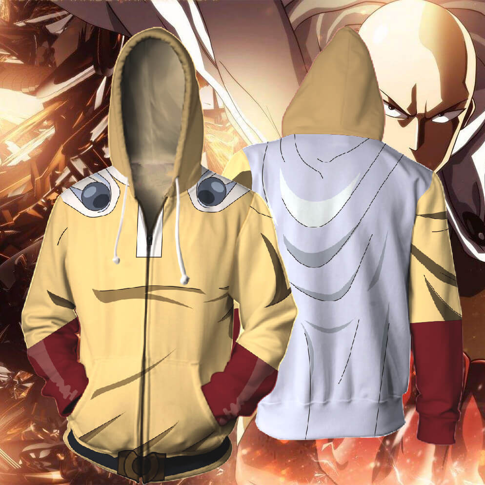 One Punch Man Anime Bald Saitama Sensei Unisex Cosplay Zip Up 3D Print Hoodie Jacket Sweatshirt