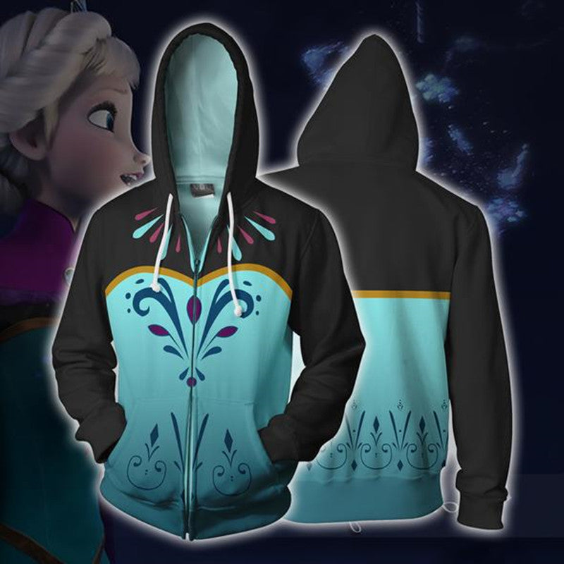 Frozen Anime Elsa Black Cosplay Unisex 3D Printed Hoodie Sweatshirt Jacket With Zipper