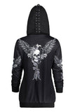 Mens Womens Hoodie Gothic Skulls Printed Black Hooded Zip Up Sweatshirt Unisex