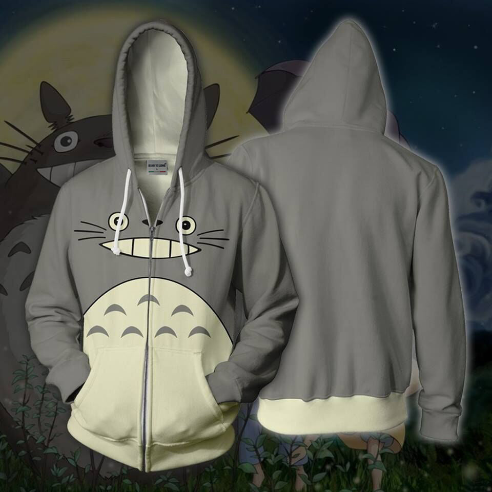 Grey Cute My Neighbour Totoro Movie Cosplay Unisex 3D Printed Hoodie Sweatshirt Jacket With Zipper