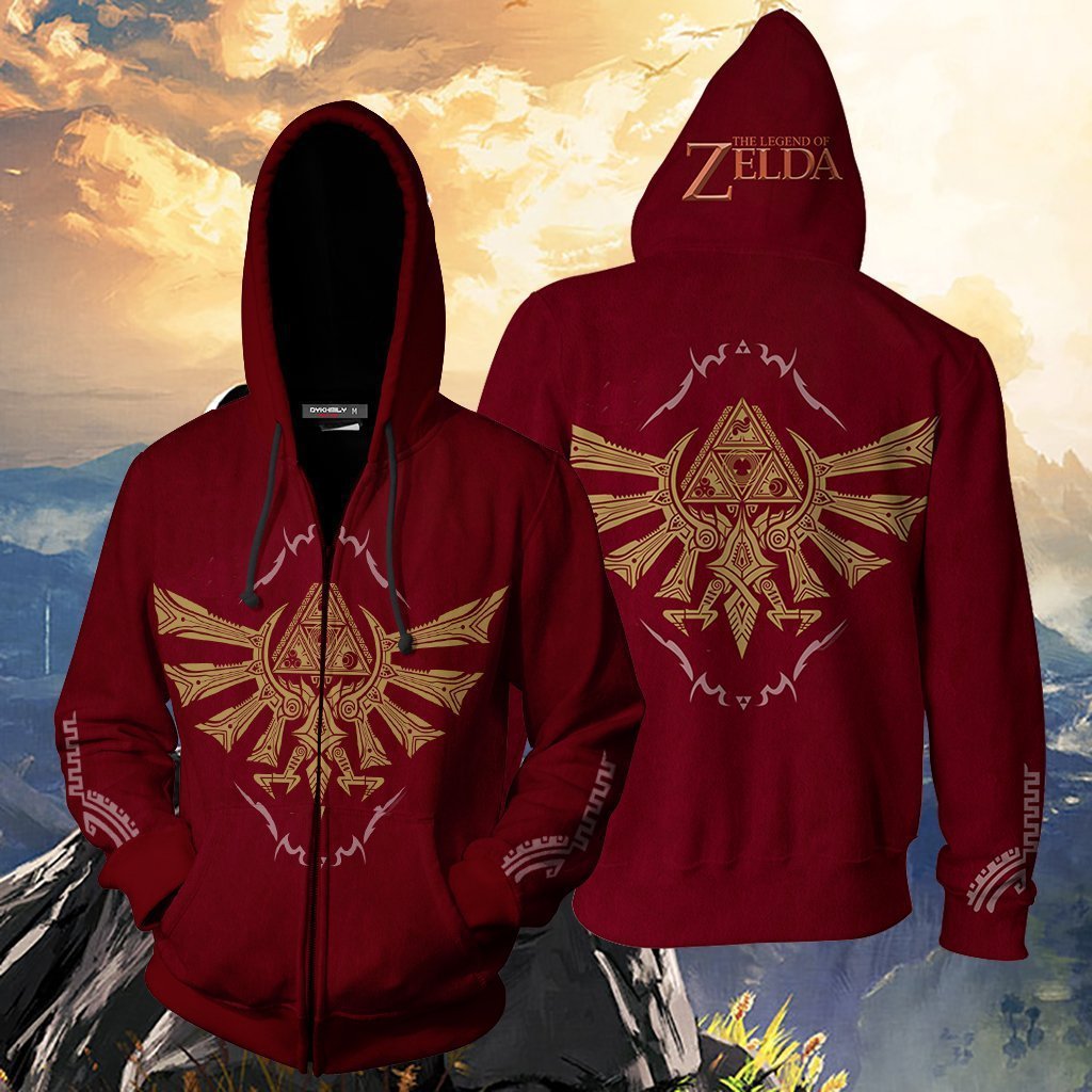 The Legend of Zelda Game Royal Hylian Crest Wingcrest Logo Dark Red Cosplay Unisex 3D Printed Hoodie Sweatshirt Jacket With Zipper