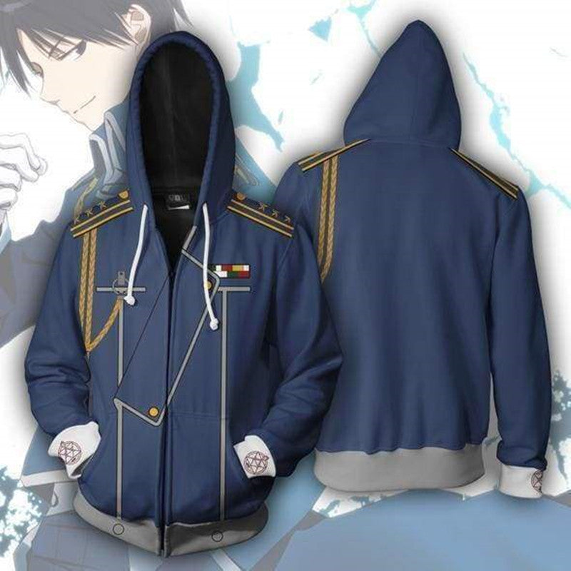 Fullmetal Alchemist Roy Mustang Anime Blue Cosplay Unisex 3D Printed Hoodie Sweatshirt Jacket With Zipper