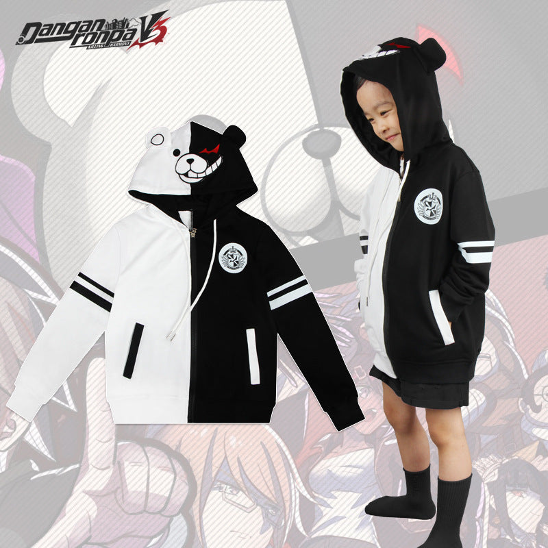 Kids Anime Danganronpa Monokuma Black White Bear Cosplay Costume Hoodie Pullover Coat