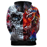 Colorful Half Tiger Head Half Skull Unisex Adult Cosplay 3D Print Hoodie Pullover Sweatshirt