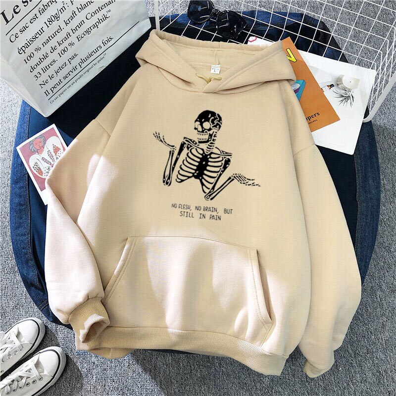 Harajuku Hooded Sweatshirt Retro Skeleton Print Women Hoodies Long Sleeve Sweatshirt