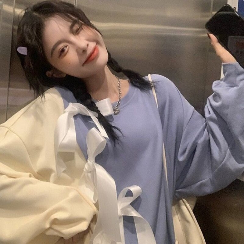 Cotton Patchwork Hoodie with Bow Kawaii Long Sleeve Crewneck Sweatshirt Korean Style Fall Soft Girl Cute Tops Kpop