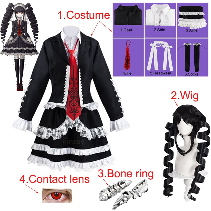 Anime Danganronpa Celestia Ludenberg Cosplay Costume Yasuhiro Taeko Wig Metal Bone Ring