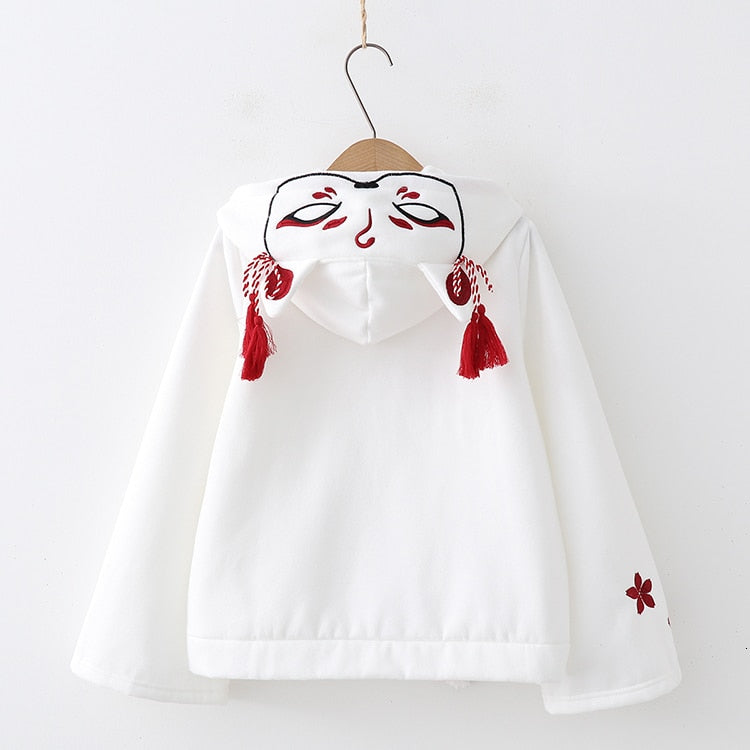 Japanese Cute Street Hoodie Harajuku Fox Ear Hooded Sweatshirt Sakura Embroidery Plus Pullover Tops