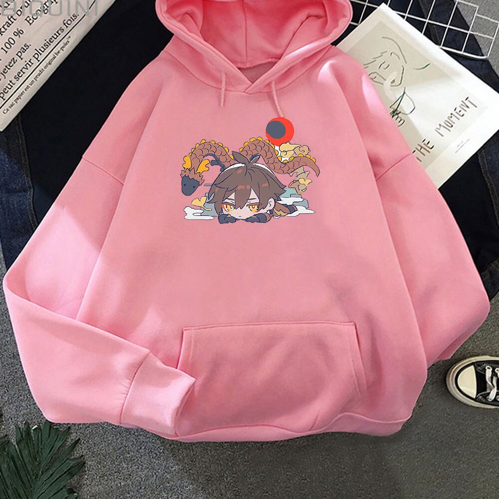 Genshin Impact Hoodie ZhongLi Cartoon Print Pink Tops Anime Kawaii Oversize Sweatshirt Pullover