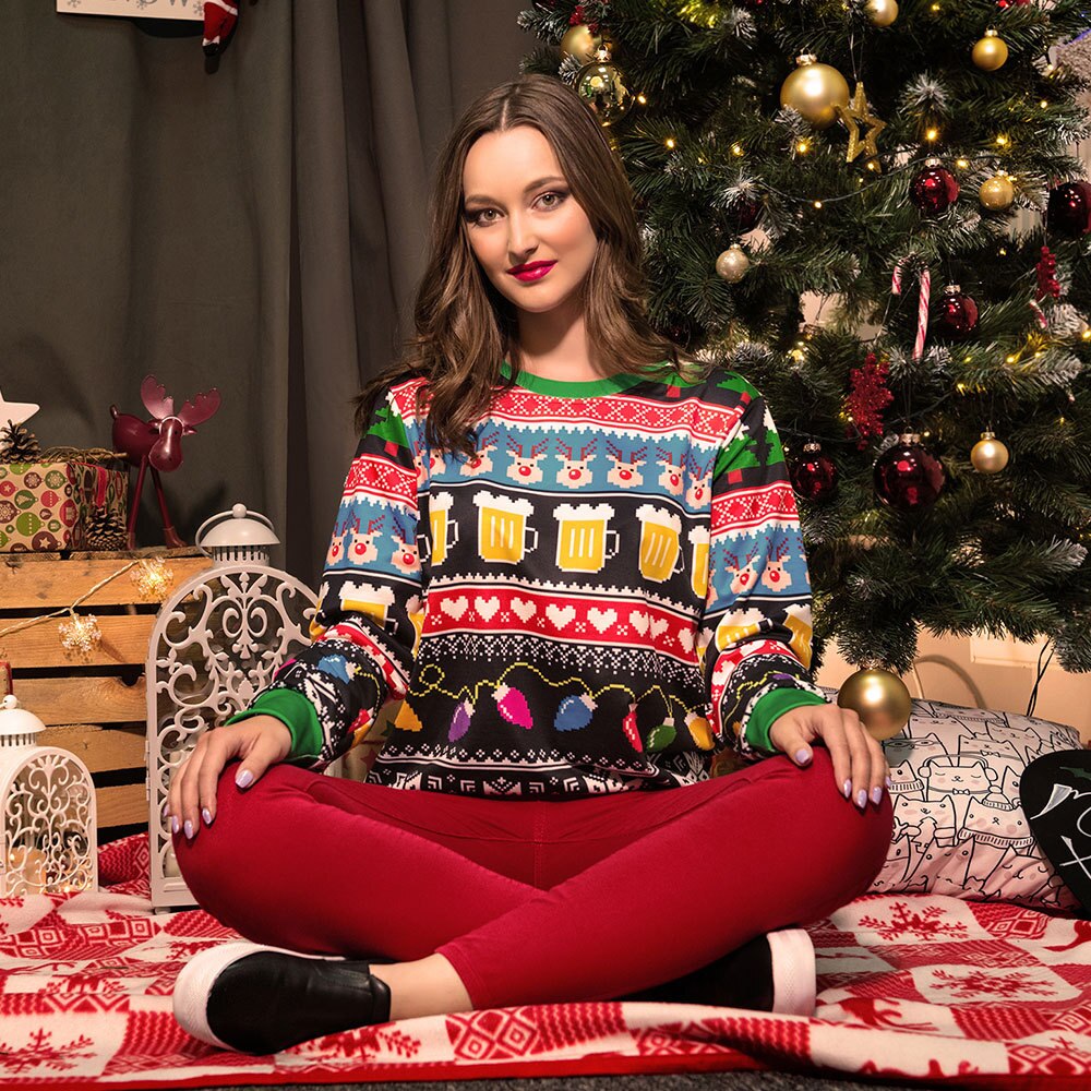 Fashion Women Ugly Christmas Sweater 3D Printing Long Sleeve Round Neck Pullover Tops