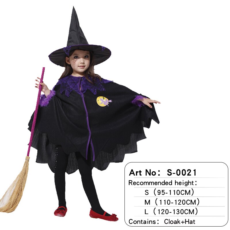 Halloween Witch Cloak Headwear Gown Robe Cosplay Costumes Coat Cloak Witch Hat Girl Party Costumes For kid Chirstmas