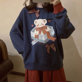 Vintage Sweatshirt Women Bowknot Kawaii Hoodies Women Korean Long Sleeve Velvet Funny Bear Print Pullover