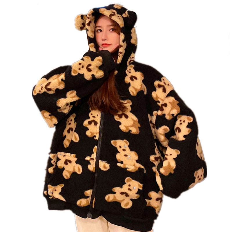 Oversize Hoodie Zip-up Teddy Coat Harajuku Casual Loose Kawaii Bear Ears Hooded Sweatshirt Cartoon Outwear