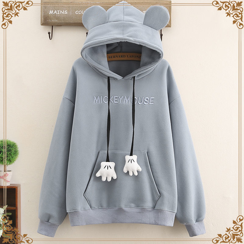 Solid Color Letter Embroidery Hoodie Sweatshirts With Ears Loose Long Sleeve Sweet Girl Pullover