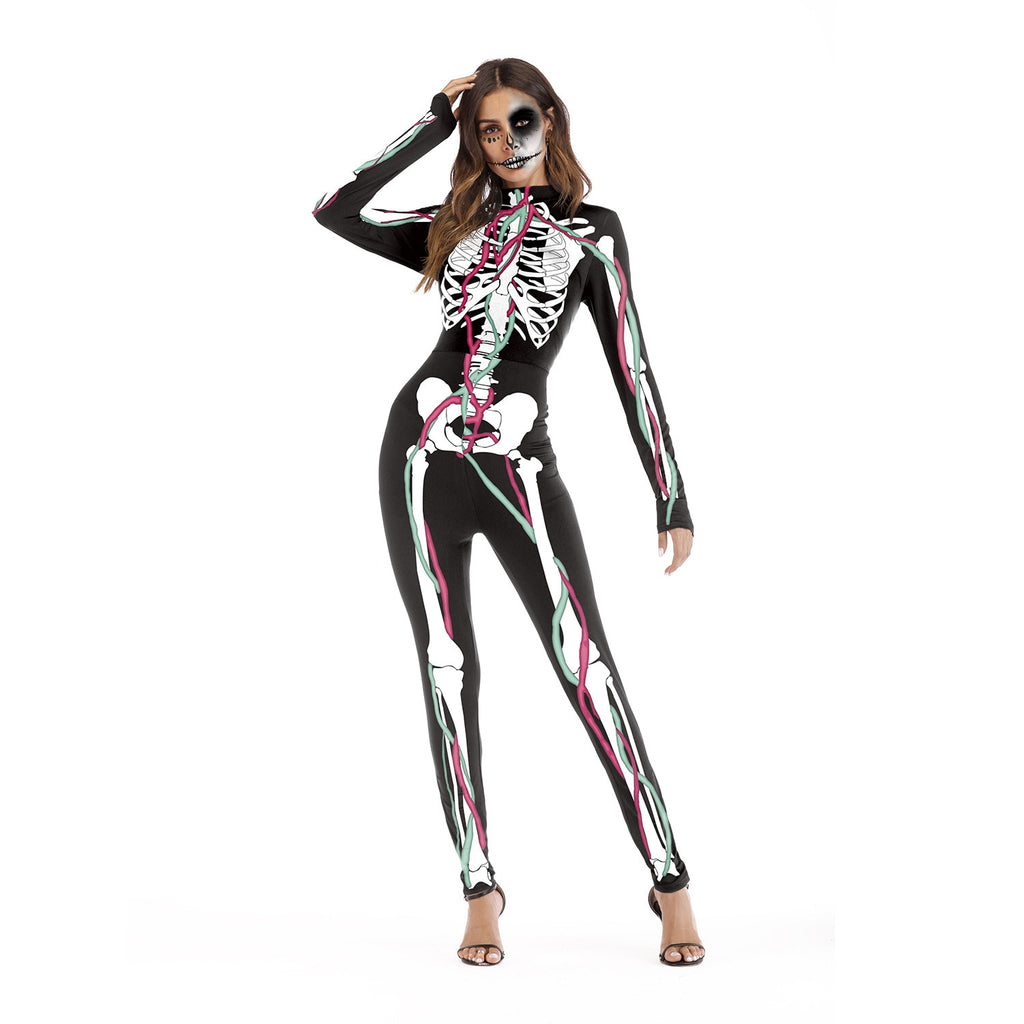 Fashion Female Horror Halloween Cosplay Costume Skull Print Sexy Long-sleeved Fitness Skeleton Bodysuit One-piece Party Costume
