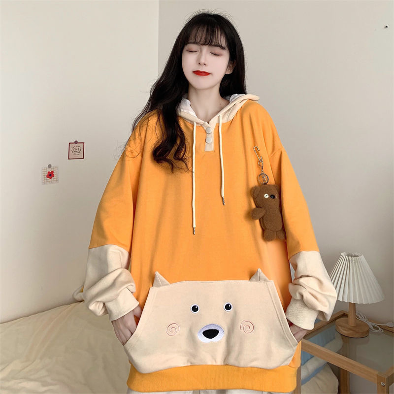 Japan Kawaii Bear Hoodie Women Patchwork Oversized Autumn Long Sleeve Sweatshirt Yellow Cute Tops Casual