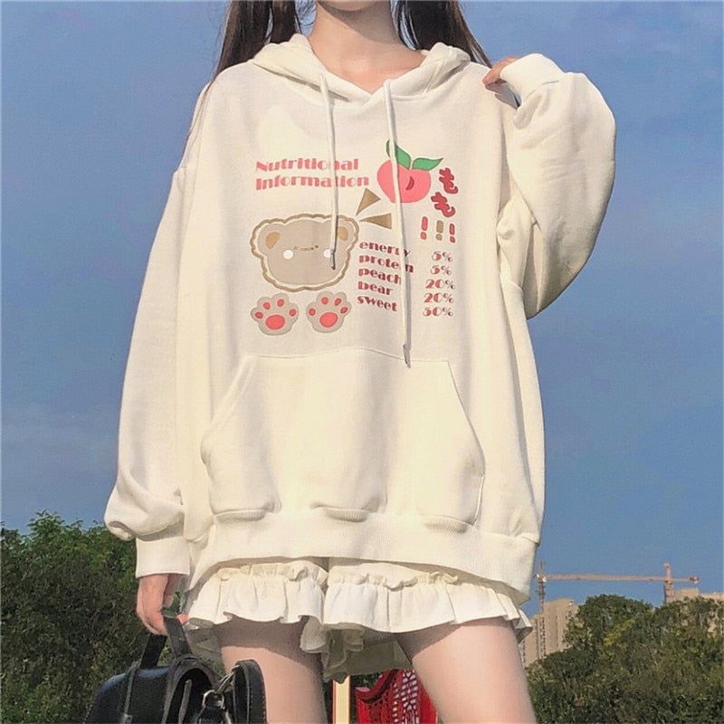 Lolita Mori Girl Harajuku Hoodie With Long Rabbit Ear Cap Cute Bear Print Thin Sweatshirt Pullover
