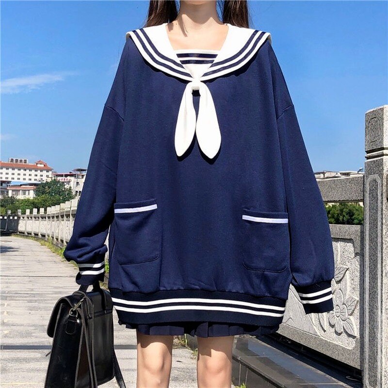 Bunny Hoodie Women Kawaii Sailor Collar Sweatshirt with Lush Sleeves Korean Casual E Girl Bow Tracksuit Cute Tops