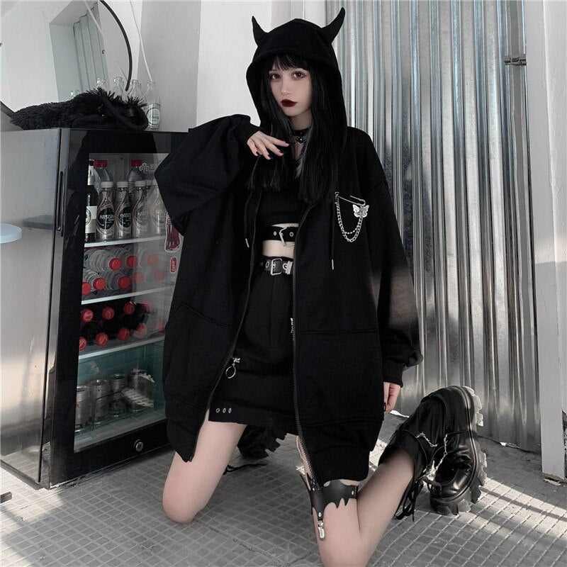 Emo Zip Up Hoodie Women Harajuku Punk Gothic Sweatshirt Black Devil Horn Zipper Coat Oversized Streetwear Alt Clothes