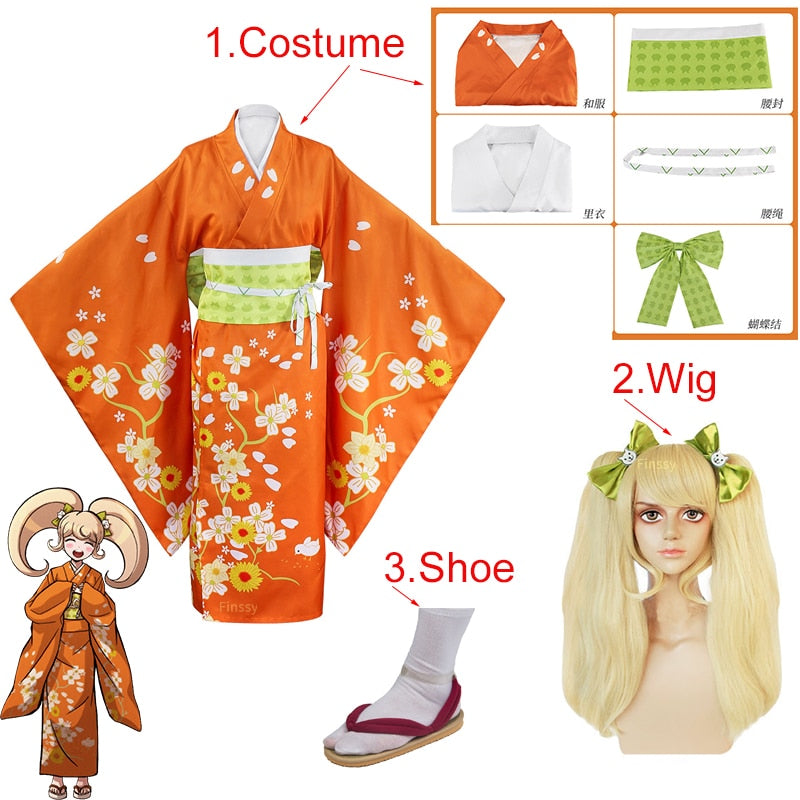 Anime Danganronpa Saionji Hiyoko Cosplay Costume Women Festival Kimono Double Ponytail Wig Bow Headdress