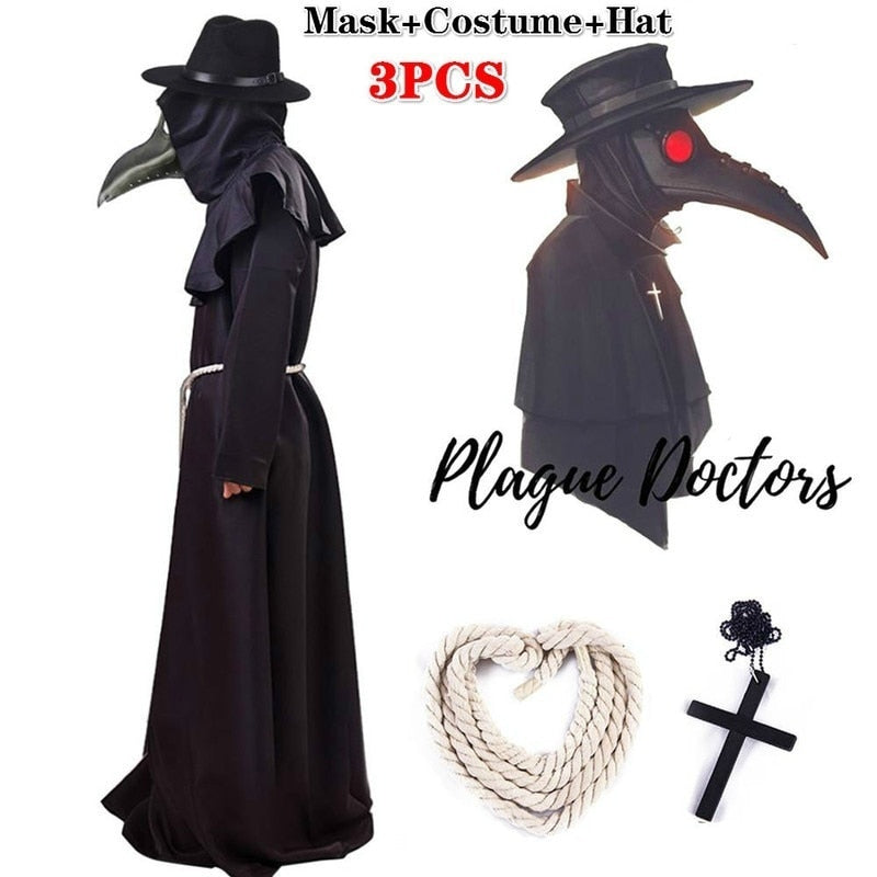 New Plague Doctor Cosplay Costume Medieval Hooded Robe Steampunk Terror Mask Hat Adult Halloween Party Role Play Size S-XL