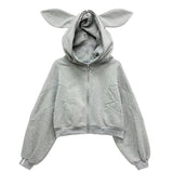 Kawaii Style Funny Rabbit Long Ears Hooded Sweatshirt Long Sleeve Casual Zip Up Short Hoodie
