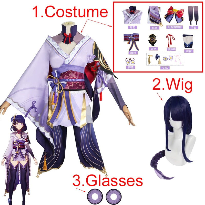 Genshin Impact Raiden Shogun Cosplay Halloween Show Funny Costume Purple Color Contact Lenses Ponytail Wig