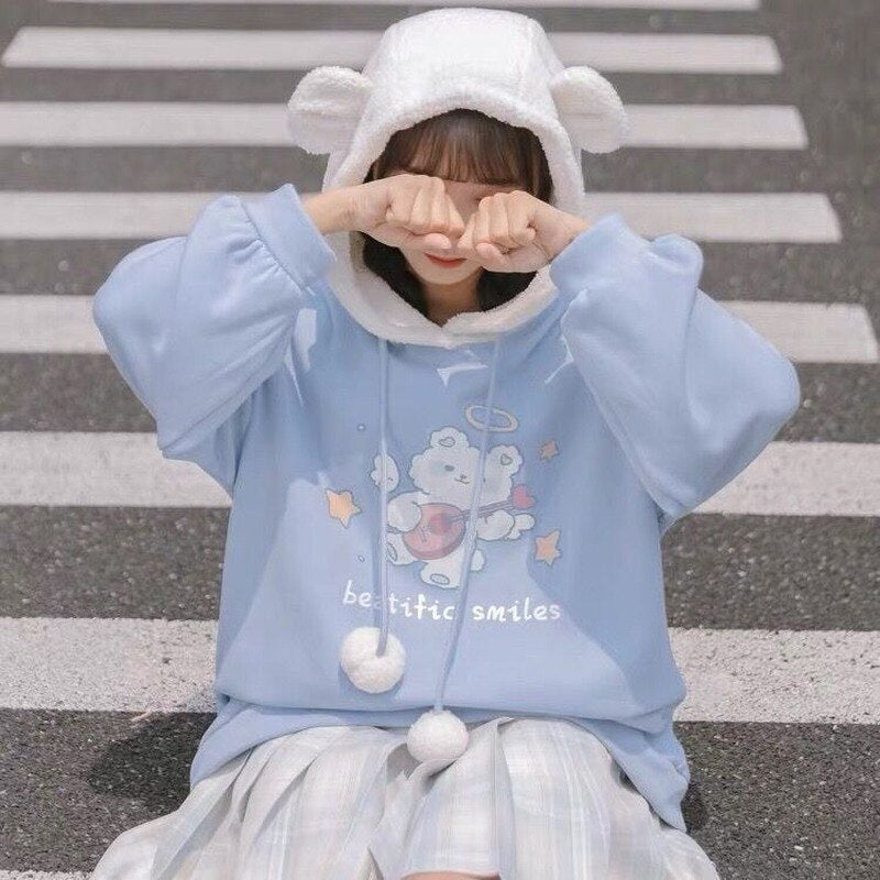 Kawaii Hoodies Winter Cute Ears Pullover Women Long Sleeve Bear Print Sweatshirt Oversized Warm School Clothes