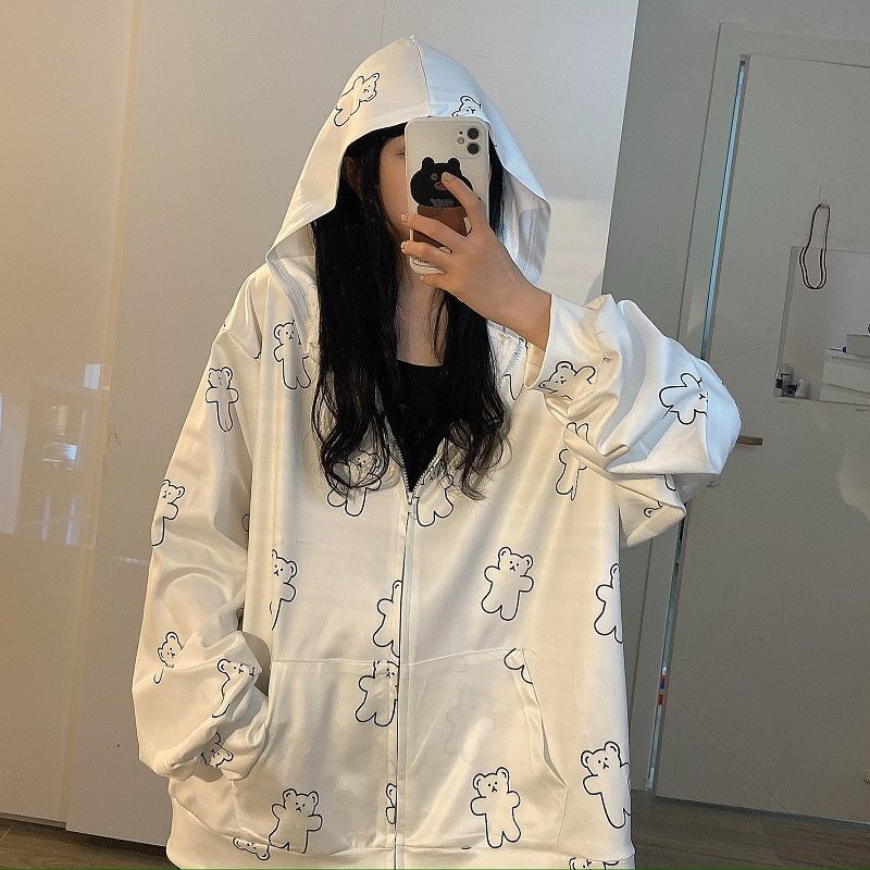 Kawaii Hoodies White Sweatshirt with Print Long Sleeve Women Cute Tops Korean Pullover