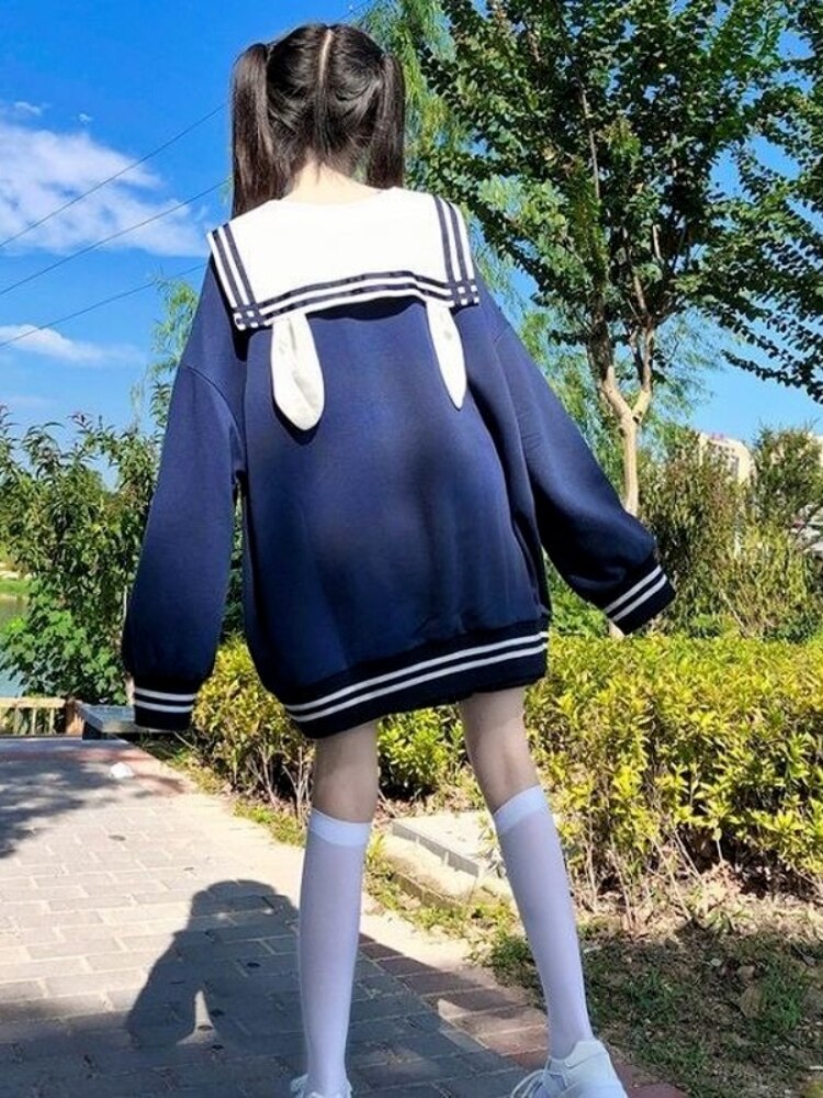 Bunny Hoodie Women Kawaii Sailor Collar Sweatshirt with Lush Sleeves Korean Casual E Girl Bow Tracksuit Cute Tops