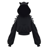 Gothic Women Pullover Devil Ear Hooded Sweatshirt Hollow Out Shoulder Ribbon Lace Up Bandage Long Sleeves Hoodie