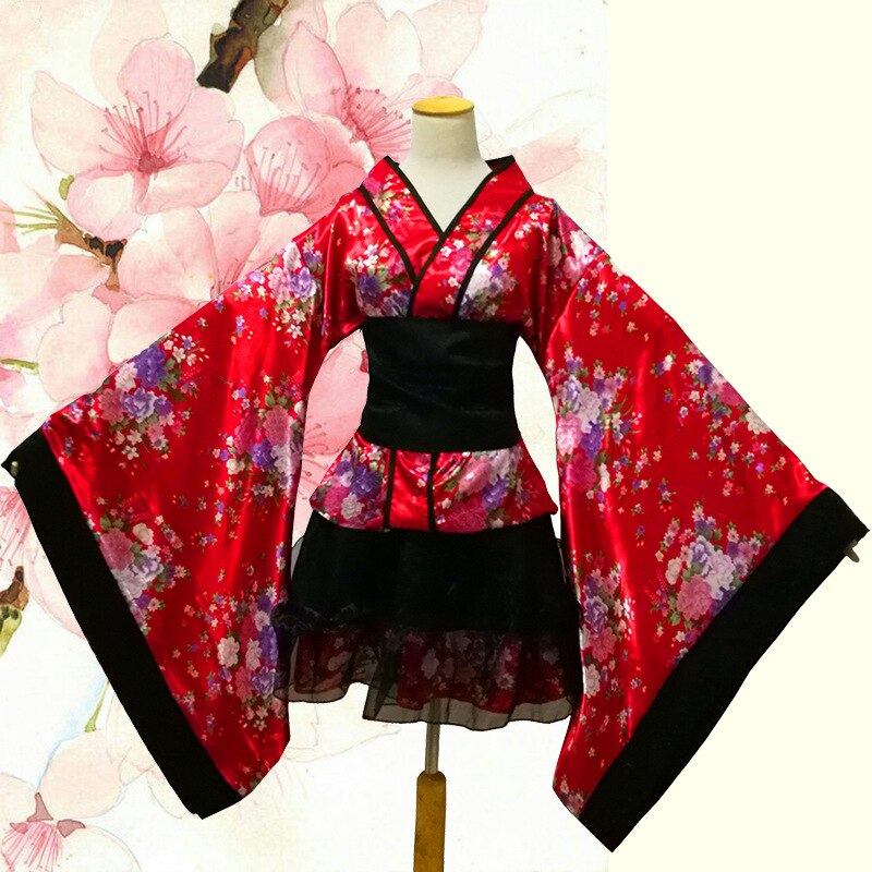 Japanese Kimono Cherry Blossom Traditional National Service Women Cosplay Costume
