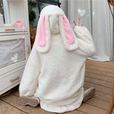 Kawaii Women Winter Oversized Bunny Ears Sweatshirt Long Sleeve Cute Tops Warm Zip Up Hoodies