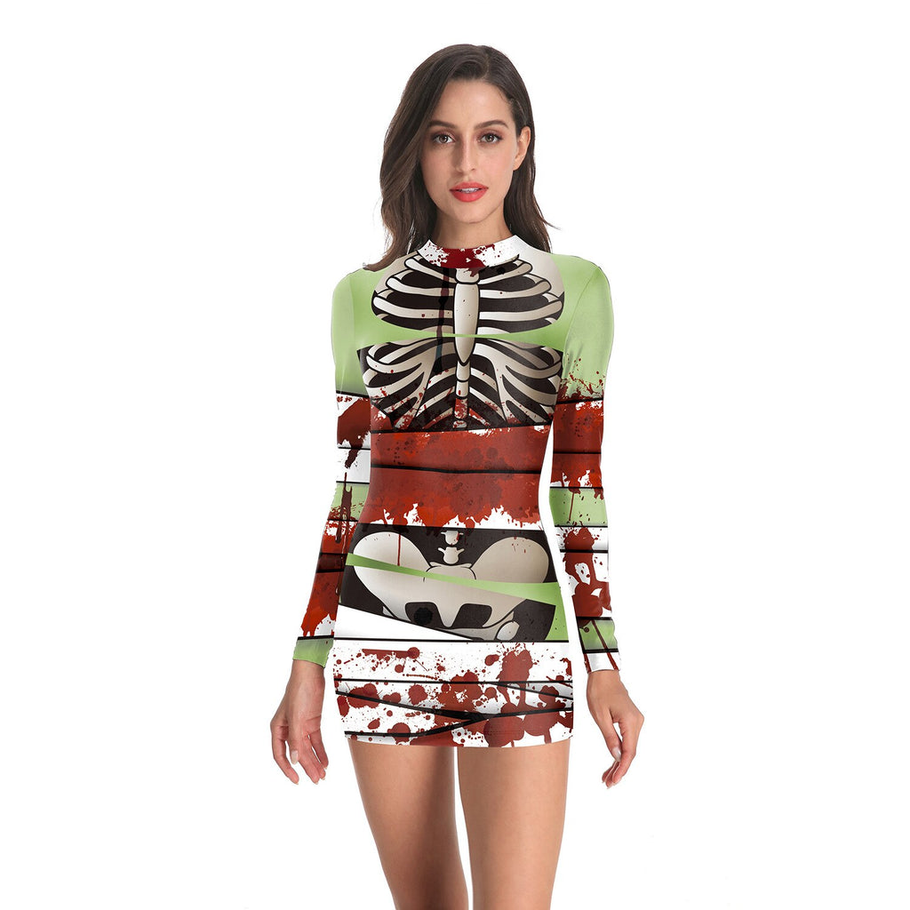 New Women's Halloween Party Costumes Scary Skeleton Skeleton Printed Tight Skirt Cosplay Sexy Ladies Long Sleeve Dress