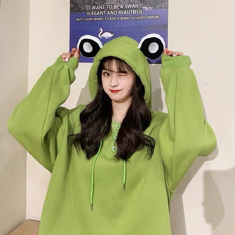 Harajuku Frog Hoodie Women Funny Animal Sweatshirt Kawaii Long Sleeve Pullover Cute Embroidery Tops