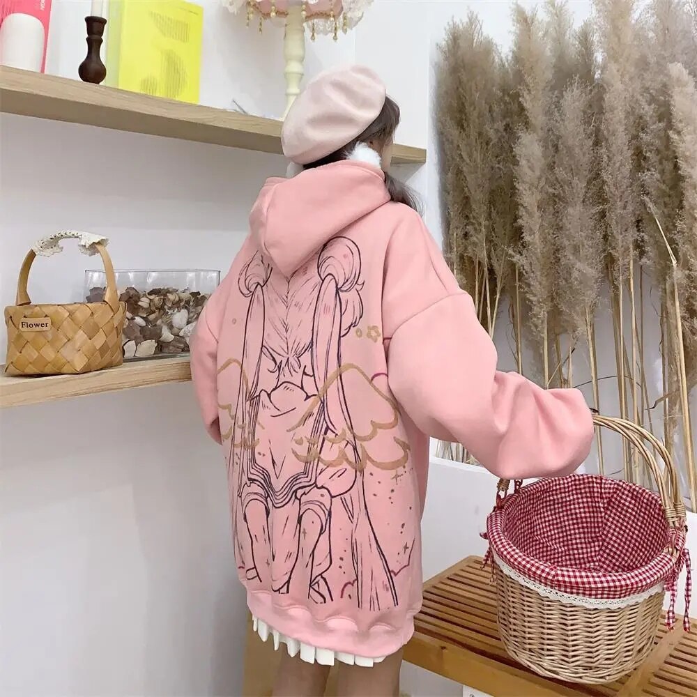 Anime Autumn Winter Clothes Women Vintage Sweatshirt Kawaii Long Sleeve Pink Tops Warm Hoodie