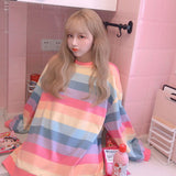 Rainbow Kawaii Women Korean Crewneck Sweatshirts Loose Tops Harajuku Hoodie Long Sleeve Clothes