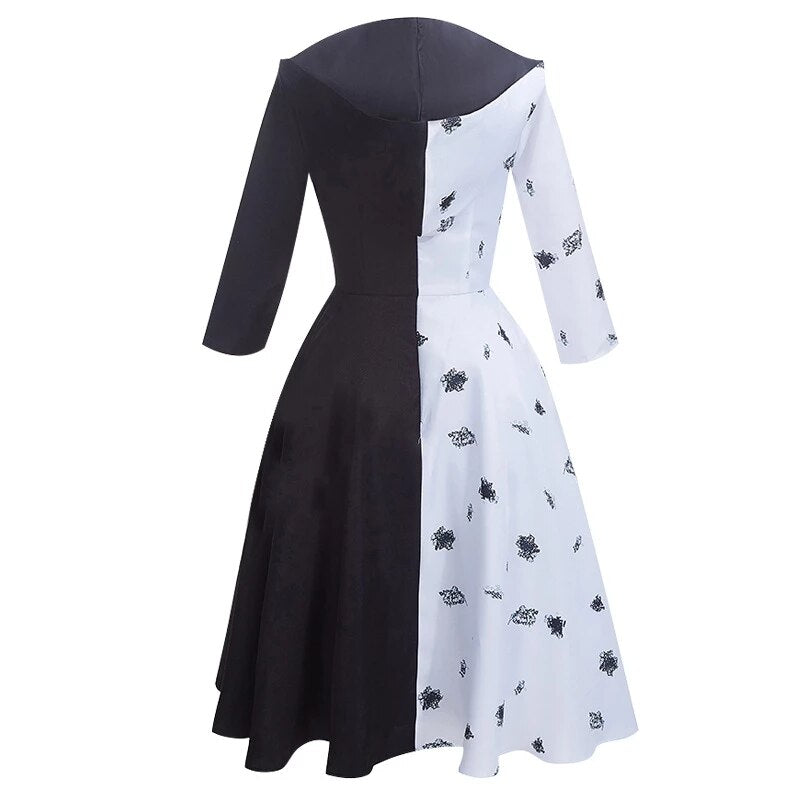 Movie Cruella De Ville Cosplay Costume Women Girls Gown Black White Dress with Gloves Wig Halloween Carnival Party Costumes