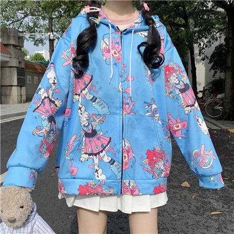 Anime Autumn Korean Style Zip Up Hoodies Kawaii Long Sleeve Streetwear Cute Oversized Loose Sweatshirts