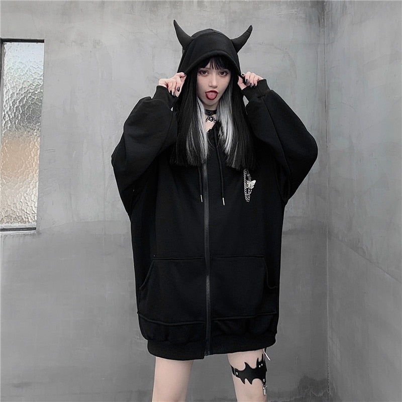 Emo Zip Up Hoodie Women Harajuku Punk Gothic Sweatshirt Black Devil Horn Zipper Coat Oversized Streetwear Alt Clothes