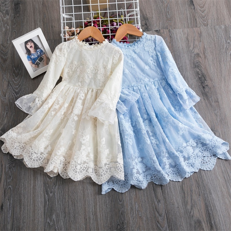 Spring Girls Long Sleeve Lace Elegant Princess Dress For Kids Wedding and Birthday Party Vestidos