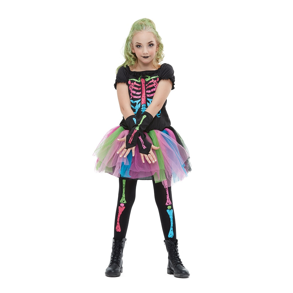 Reneecho 2021 New Arrival Rainbow Skeleton Girl Costume Toddler Funky Punky Bone Costume Halloween Costume For Kids