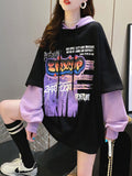 Anime Print Patchwork Hoodie Women Harajuku Long Sleeve Sweatshirt Korean E Girl Oversized Kpop School Clothes