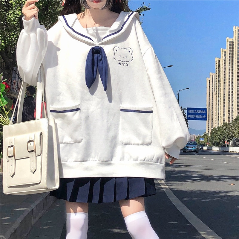 Japanese Preppy Style JK Student Casual Sweatshirt Bowknot Tie Sailor Collar Bear Embroidery Kawaii Hoodie