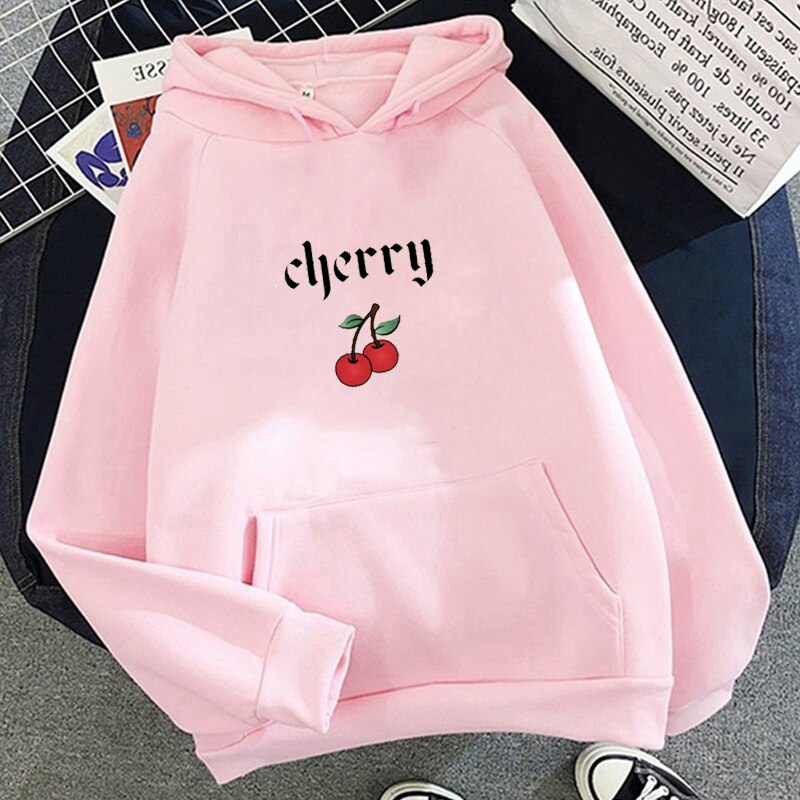Harajuku Cherry Letter Print Sweatshirt Casual Pullover Pink Kawaii Gothic Sweatshirt Oversize Hoodie